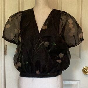 Madewell Black Floral Silk Soie Wrap Top w/ Puffy Sleeves